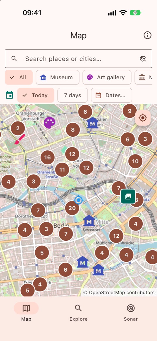 The map of Berlin with clustered cultural places and filters by category and event period.